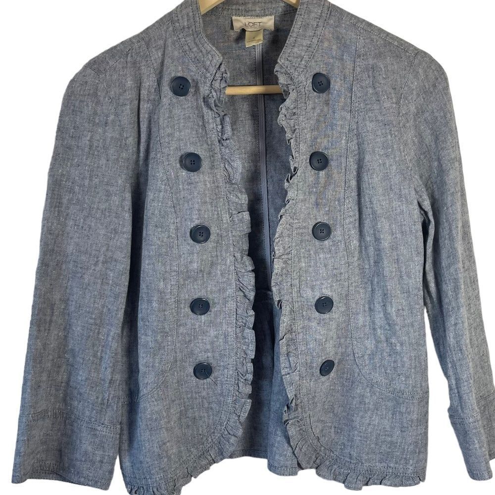 LOFT Outlet Blue Chambray Cotton/Linen Blend Open Jacket Ruffle‎ Trim Sz S